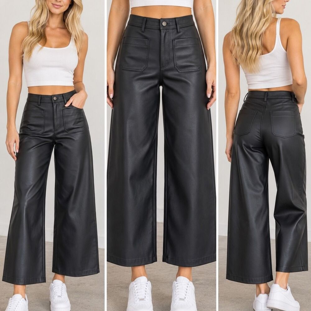 Zara Black Faux Leather High Rise Wide Leg Cropped Patch Pocket Pants Size 2
